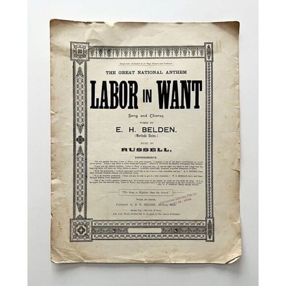 Labor In Want Union 1893 Song RARE SAMPLE COPY XL Victorian Sheet Music Russell - Picture 2 of 2